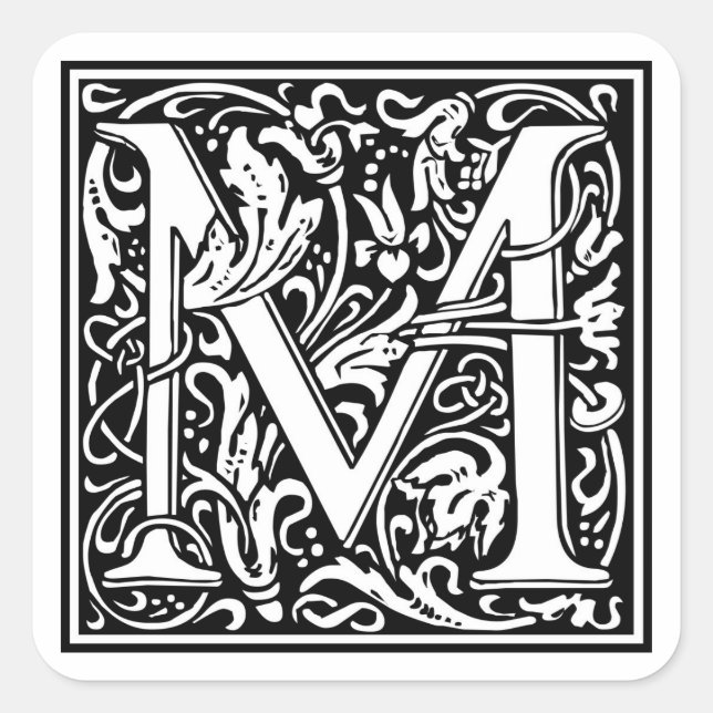 William Morris Alphabet "M" Quadratischer Aufkleber (Vorderseite)