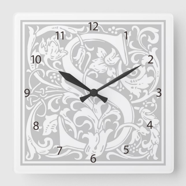 William Morris Alphabet "S. Square Wall Clock Quadratische Wanduhr (Vorderseite)