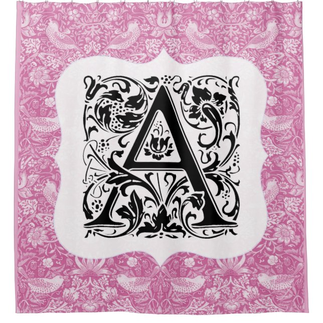 William Morris Alphabet Strawberry Thief Pink Duschvorhang (Vorderseite)