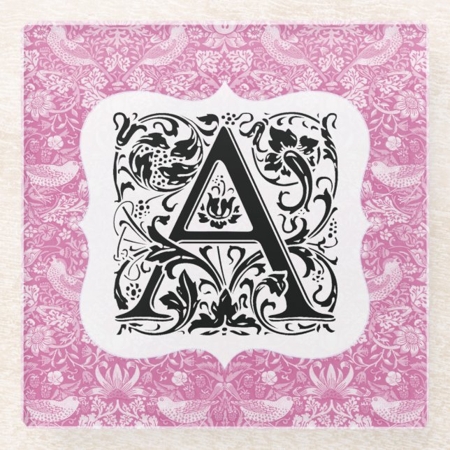 William Morris Alphabet Strawberry Thief Pink Glasuntersetzer (Vorderseite)