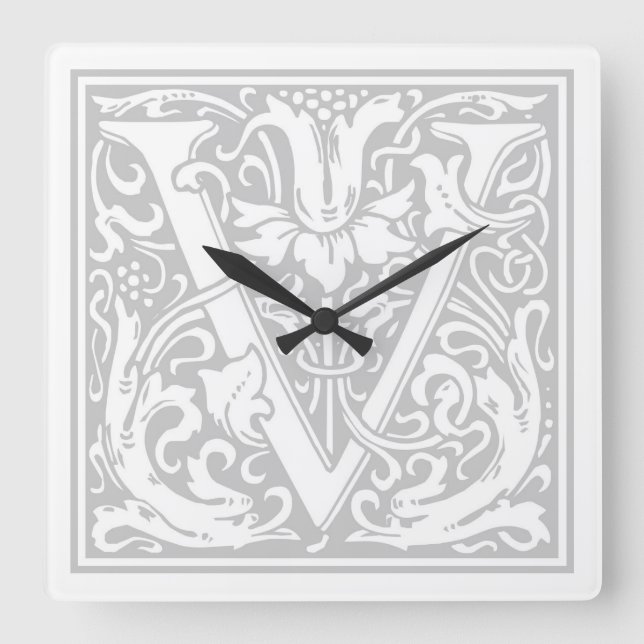 William Morris Alphabet "V" Quadratische Wanduhr (Vorderseite)