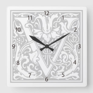 William Morris Alphabet "V" Quadratische Wanduhr