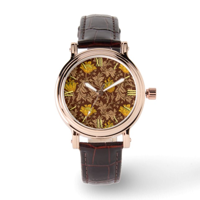 William Morris Anemone, Brown und Mustard Gold Armbanduhr (Vorderseite)