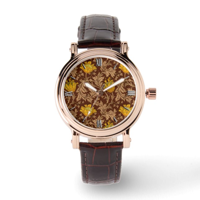 William Morris Anemone, Brown und Mustard Gold Armbanduhr (Vorderseite)