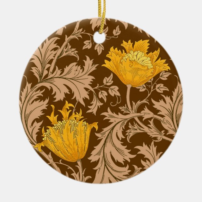 William Morris Anemone, Brown und Mustard Gold Keramik Ornament (Vorne)