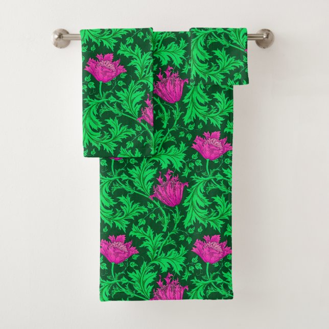 William Morris Anemone, Emerald Green und Fuchsia Badhandtuch Set (Insitu)