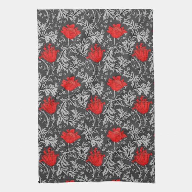William Morris Anemone, grau / grau und rot Geschirrtuch (Vertikal)