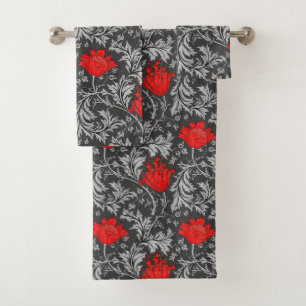 William Morris-Anemone, Graues/Grau und Rot Badhandtuch Set