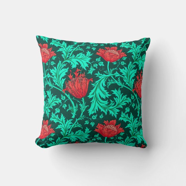 William Morris-Anemone, tiefrot und Türkis Kissen (Vorderseite)