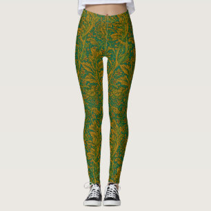 William Morris Arcadia Floral Pattern Green Golden Leggings