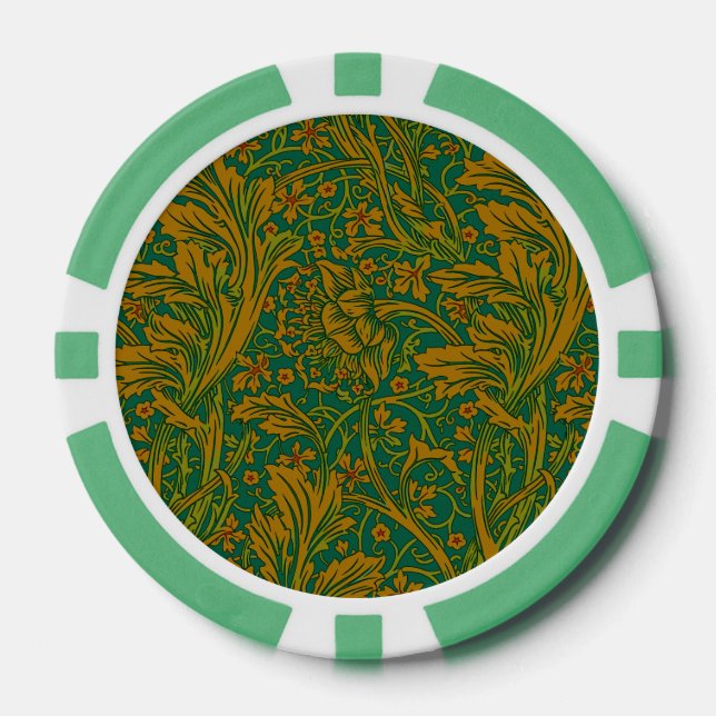 William Morris Arcadia Floral Pattern Green Golden Pokerchips (Vorderseite)