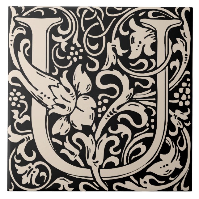 William Morris Art Nouveau Initial Floral Letter U Fliese (Vorderseite)