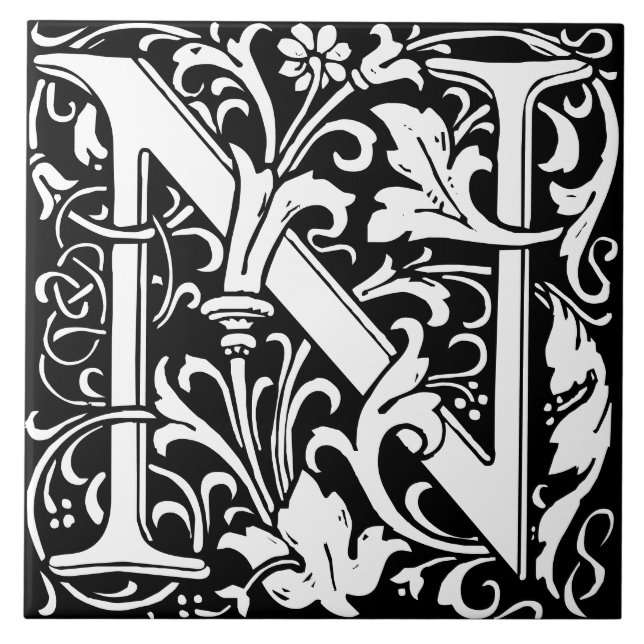 William Morris Art Nouveau Mit Monogramm Letter N Fliese (Vorderseite)