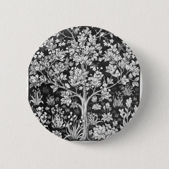 William Morris - Baum des Lebens Schwarz und Weiß Button (Vorderseite)