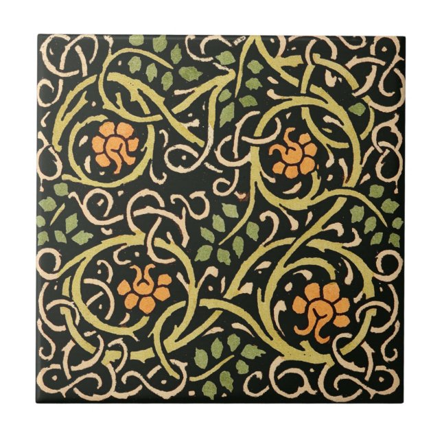 William Morris Black Floral Art Design Fliese (Vorderseite)
