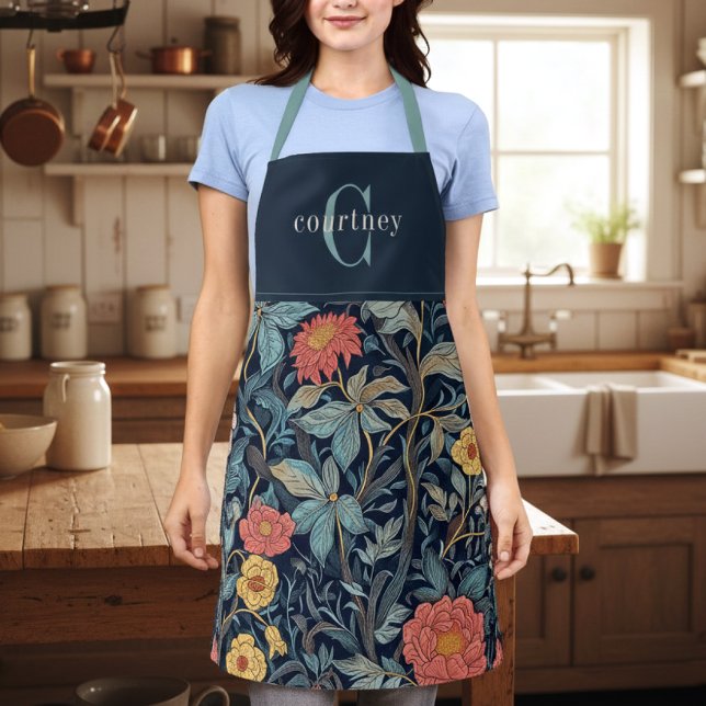 William Morris Blau Türkis Florales Monogramm Schürze (Von Creator hochgeladen)