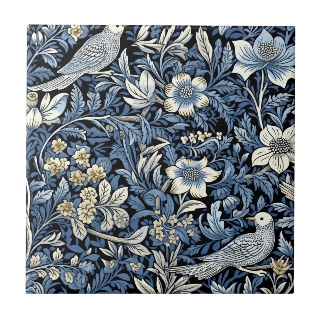 William Morris Blaues Blattmuster Tapete Fliese (Vorderseite)