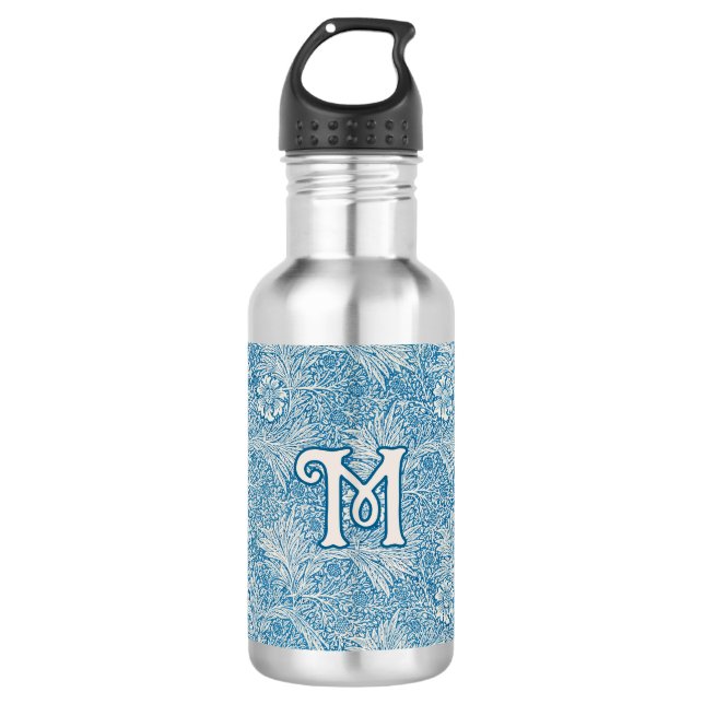 William Morris Blue Marigold Monogram Edelstahlflasche (Vorderseite)