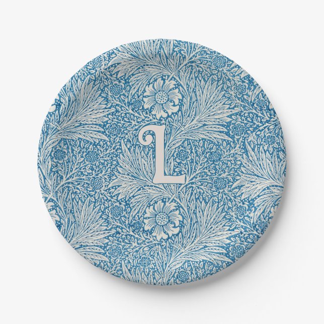 William Morris Blue Marigold Monogram Pappteller (Vorderseite)