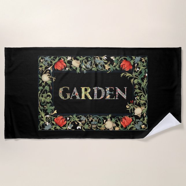 William Morris Blumengarten Motto und Rahmen Strandtuch (Vorderseite)