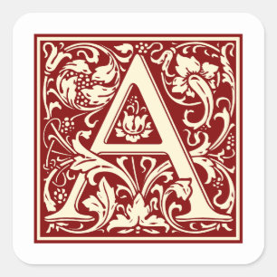 William Morris Buchstabe A Monogramm Initiale Rot Quadratischer Aufkleber