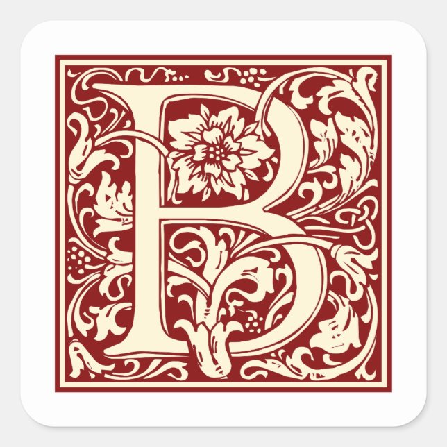 William Morris Buchstabe B Monogramm Initiale Rot Quadratischer Aufkleber (Vorderseite)