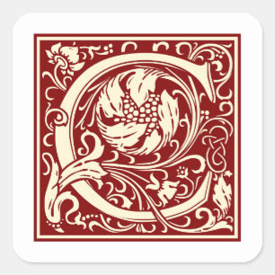 William Morris Buchstabe C Monogramm Initiale Rot Quadratischer Aufkleber
