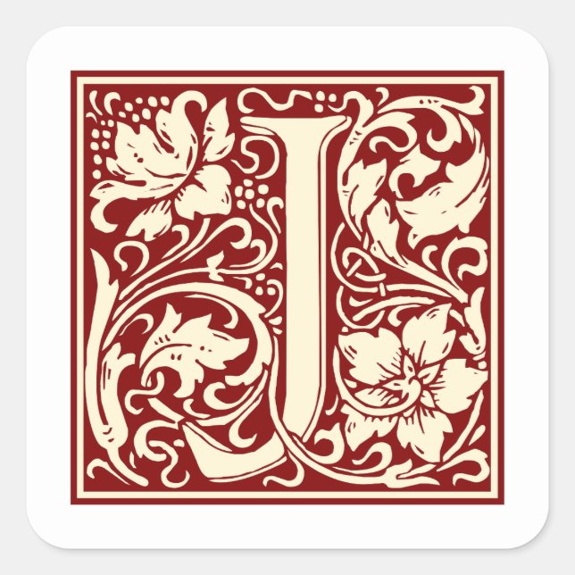 William Morris Buchstabe J Monogramm Initiale Rot Quadratischer Aufkleber (Vorderseite)