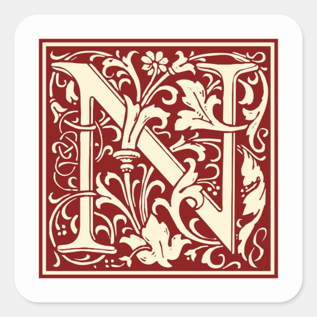 William Morris Buchstabe N Monogramm Initiale Rot Quadratischer Aufkleber (Vorderseite)