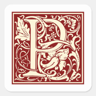 William Morris Buchstabe P Monogramm Initiale Rot Quadratischer Aufkleber