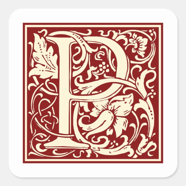 William Morris Buchstabe P Monogramm Initiale Rot Quadratischer Aufkleber (Vorderseite)