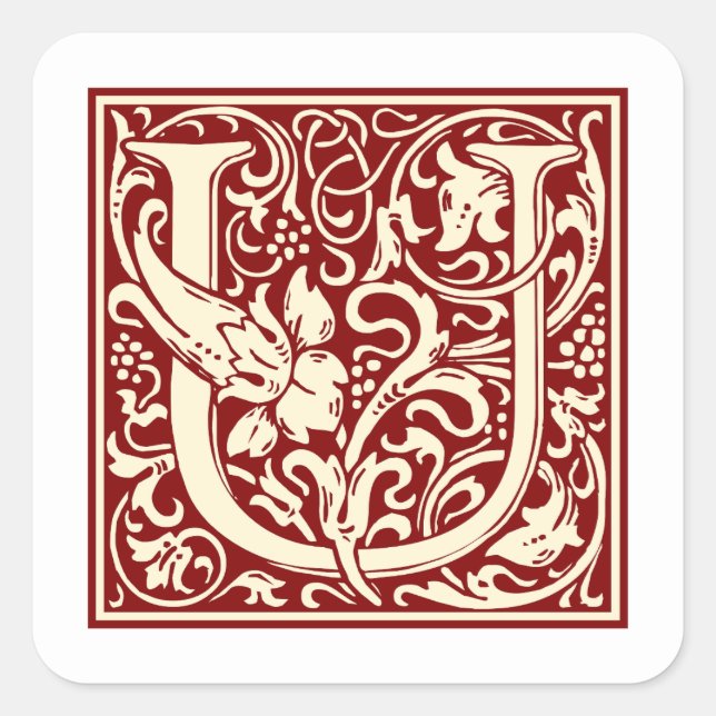 William Morris Buchstabe U Monogramm Initiale Rot Quadratischer Aufkleber (Vorderseite)