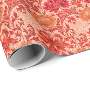 William Morris-Chrysanthemen, korallenrote Orange Geschenkpapier