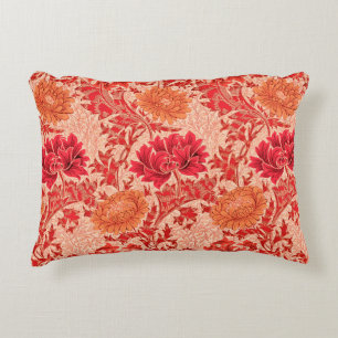 William Morris-Chrysanthemen, korallenrote Orange Zierkissen