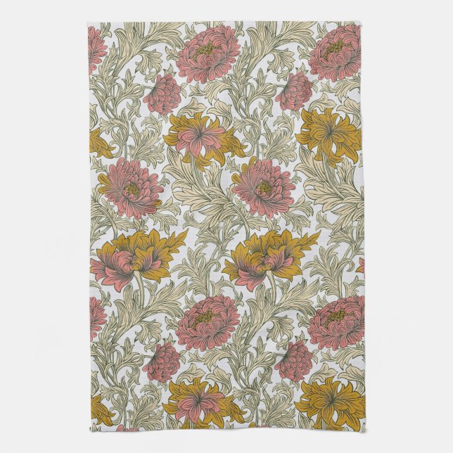 William Morris Chrysanthemum Floral Red Golden Geschirrtuch (Vertikal)