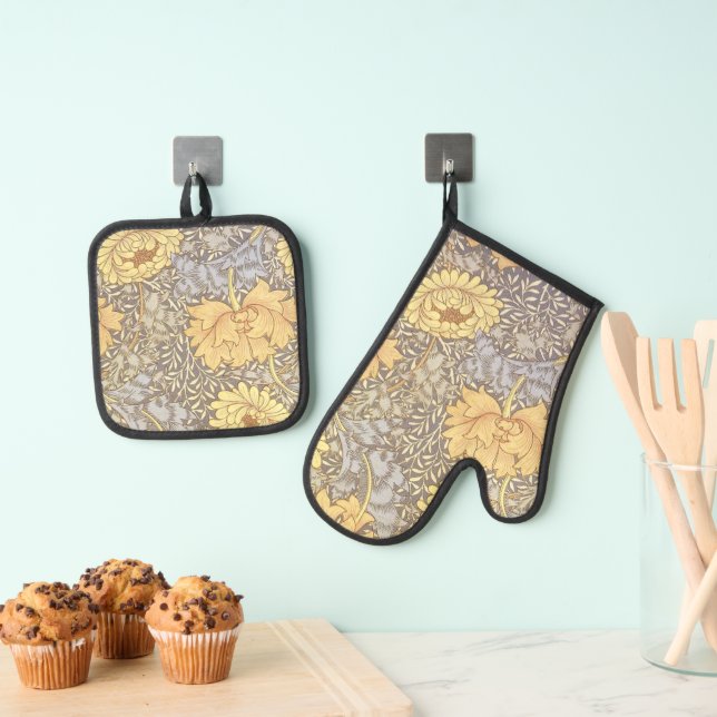William Morris Chrysanthemum Mum Blume Ofenhandschuh & Topflappen-Set (Insitu (Hängend))