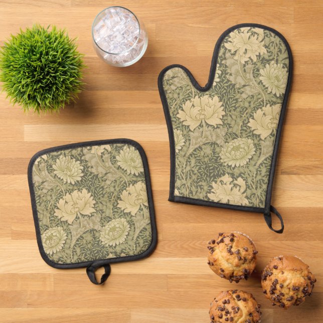 William Morris Chrysanthemum Sage Blume Ofenhandschuh & Topflappen-Set (Oben Unten)