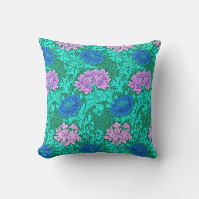 William Morris Chrysanthemums, Aqua und Violet Kissen Für Draußen (Vorderseite)
