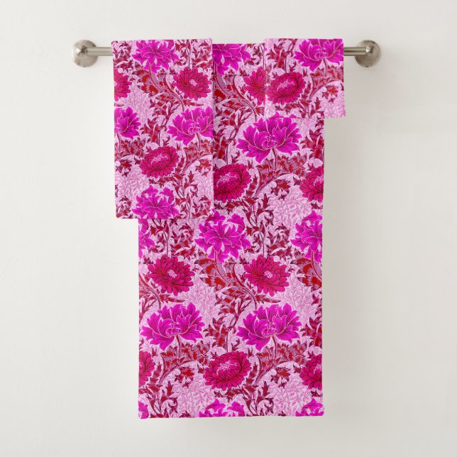 William Morris Chrysanthemums, Burgund und Pink Badhandtuch Set (Insitu)