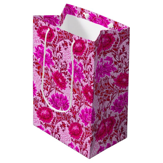 William Morris Chrysanthemums, Burgund und Pink Mittlere Geschenktüte (Vorderseite Schrägansicht)
