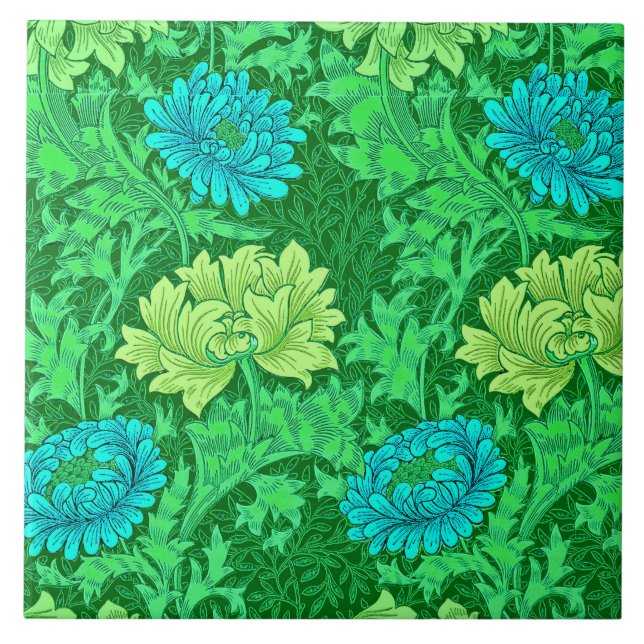 William Morris Chrysanthemums, Lime Green & Aqua Fliese (Vorderseite)