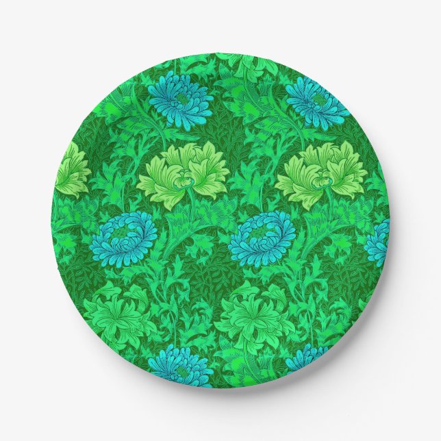 William Morris Chrysanthemums, Lime Green & Aqua Pappteller (Vorderseite)