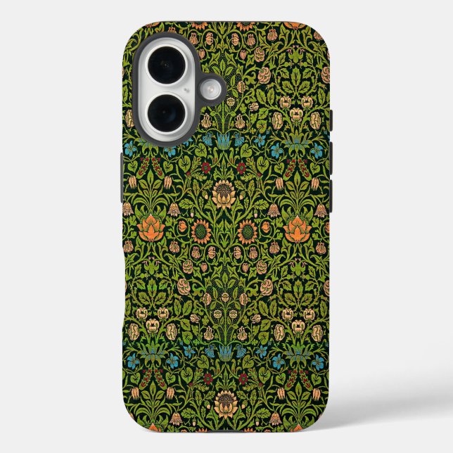 William Morris - Columbine, dunkelgrün, iPhone 16 Hülle (Rückseite)