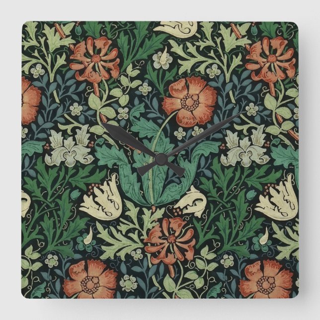 William Morris Compton Floral Art Nouveau Pattern Quadratische Wanduhr (Vorderseite)