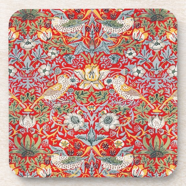 William Morris Crimson Strawberry Thief Untersetze Getränkeuntersetzer (Vorderseite)