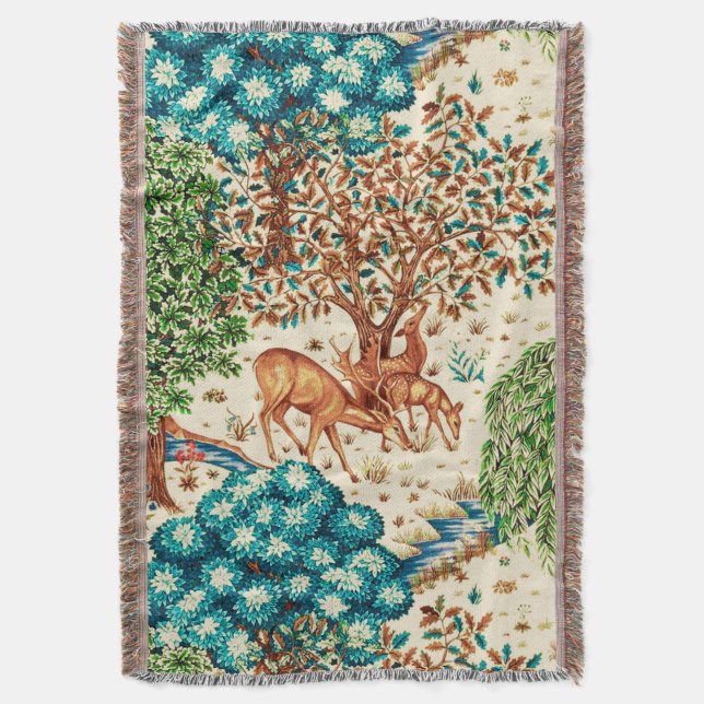 William Morris Deer by a Brook Tapestry Beige Decke (Vorderseite Vertikal)