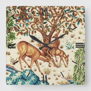 William Morris Deer by a Brook Tapestry Beige Quadratische Wanduhr