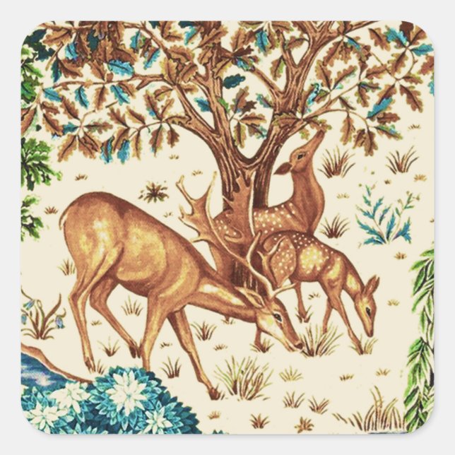 William Morris Deer by a Brook Tapestry Beige Quadratischer Aufkleber (Vorderseite)