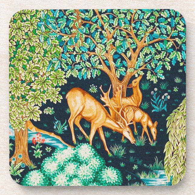 William Morris Deer by a Brook Tapestry Indigo Getränkeuntersetzer (Vorderseite)