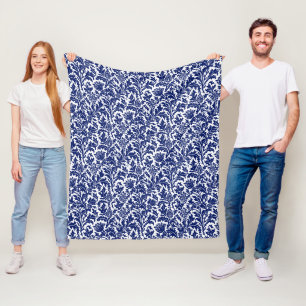 William Morris Distel-Damaskus Navyblau auf Weiß Fleecedecke